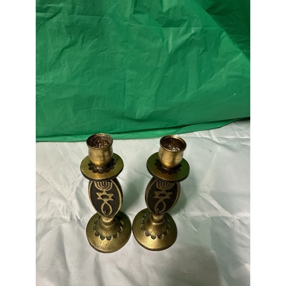 Vintage Brass Judaica Candle Holders Set of 2‎ Star of David Menorah